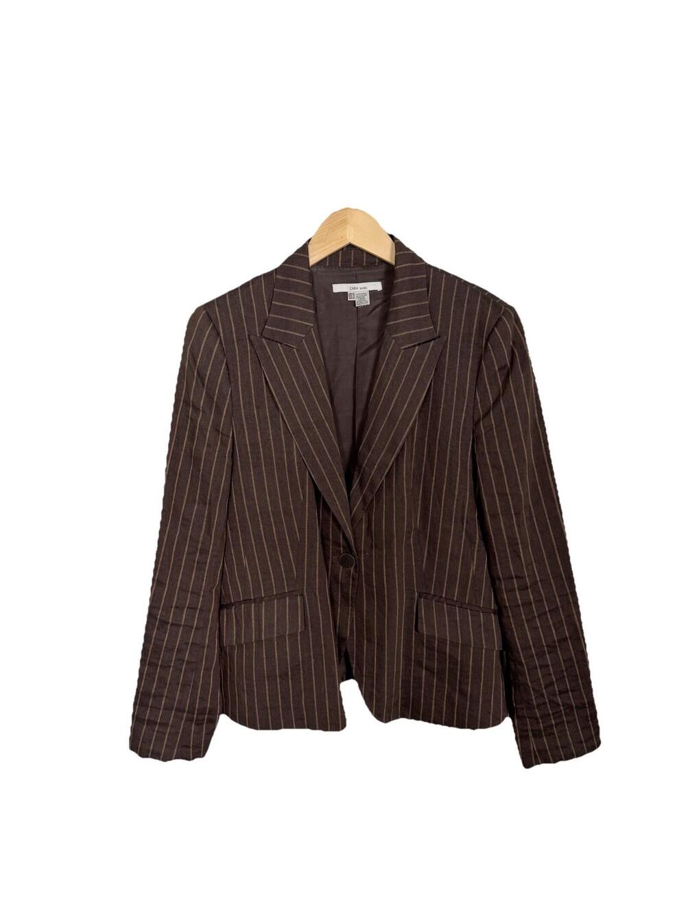 ZARA Striped Flax Linen Blend Blazer Jacket Womens Size 10 Brown Summer Casual